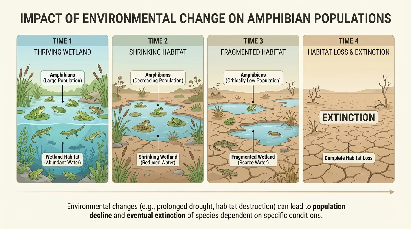 Sequence showing a wetland shrinking over time with amphibian population decreasing from many individuals to none