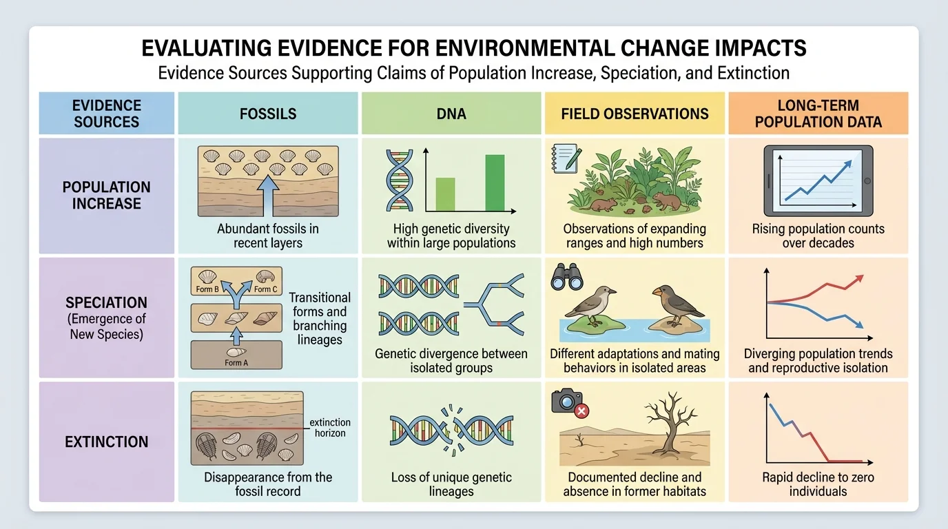 Comparison chart showing fossils, DNA, field observations, and long-term population data as evidence sources connected to increase, speciation, and extinction claims