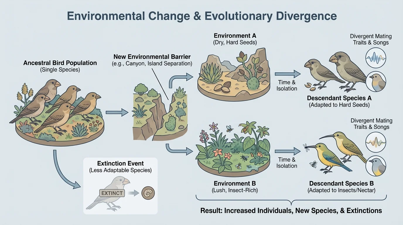 An ancestral bird population split by a new canyon or island separation, with descendants evolving different beaks and mating traits over generations