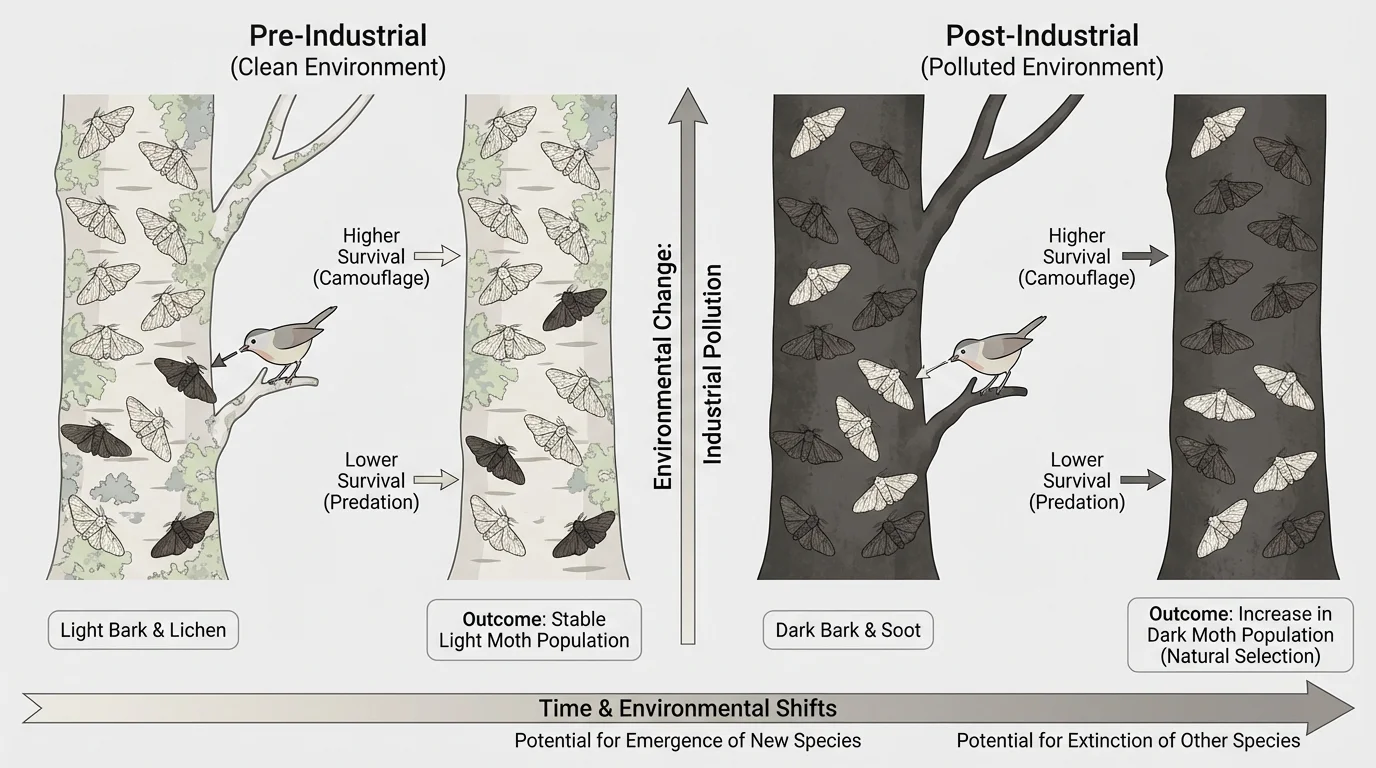 Population of moths on light and dark tree bark before and after pollution, showing survival differences by camouflage