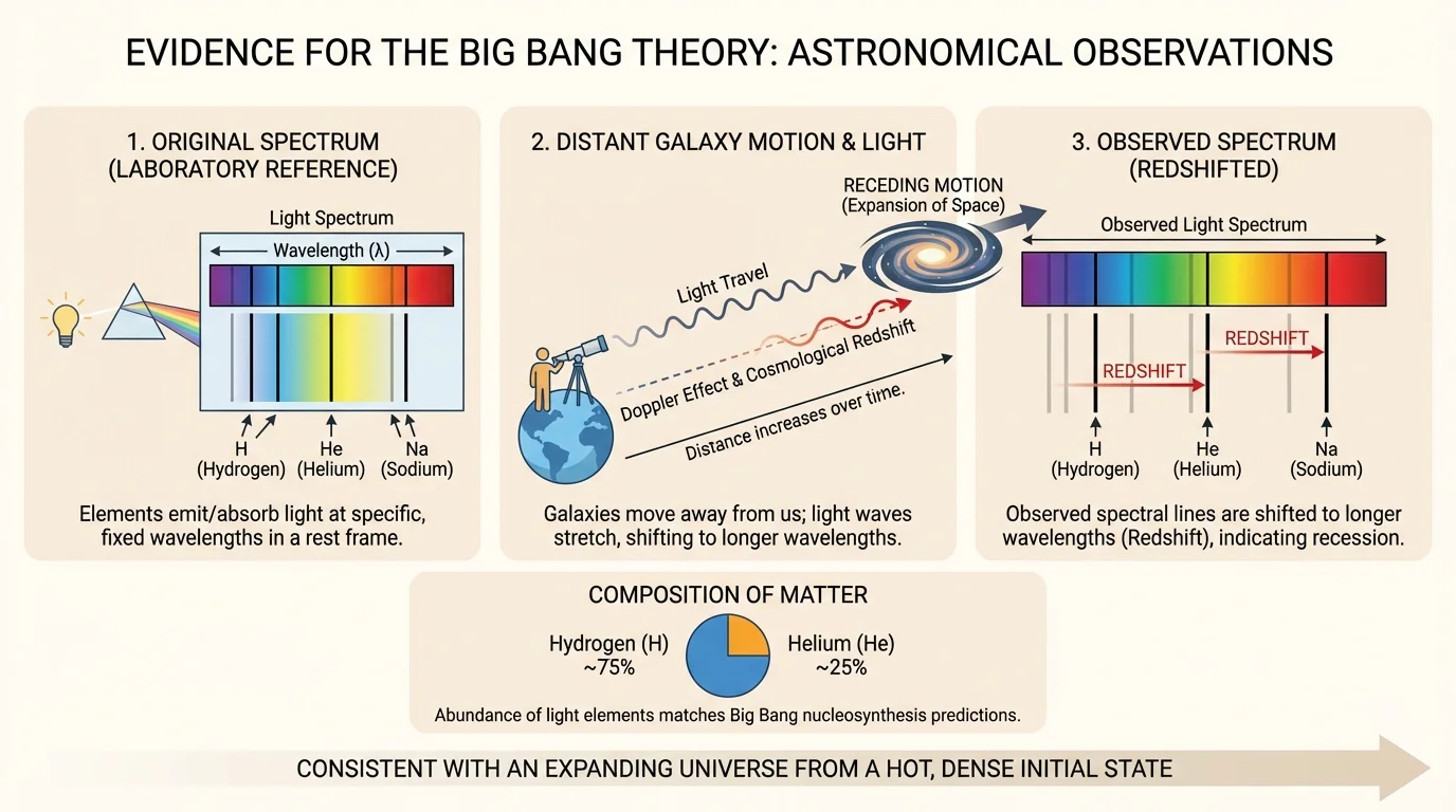 Diagram of galaxy moving away with spectral lines shifted toward longer wavelengths, comparing original and observed positions