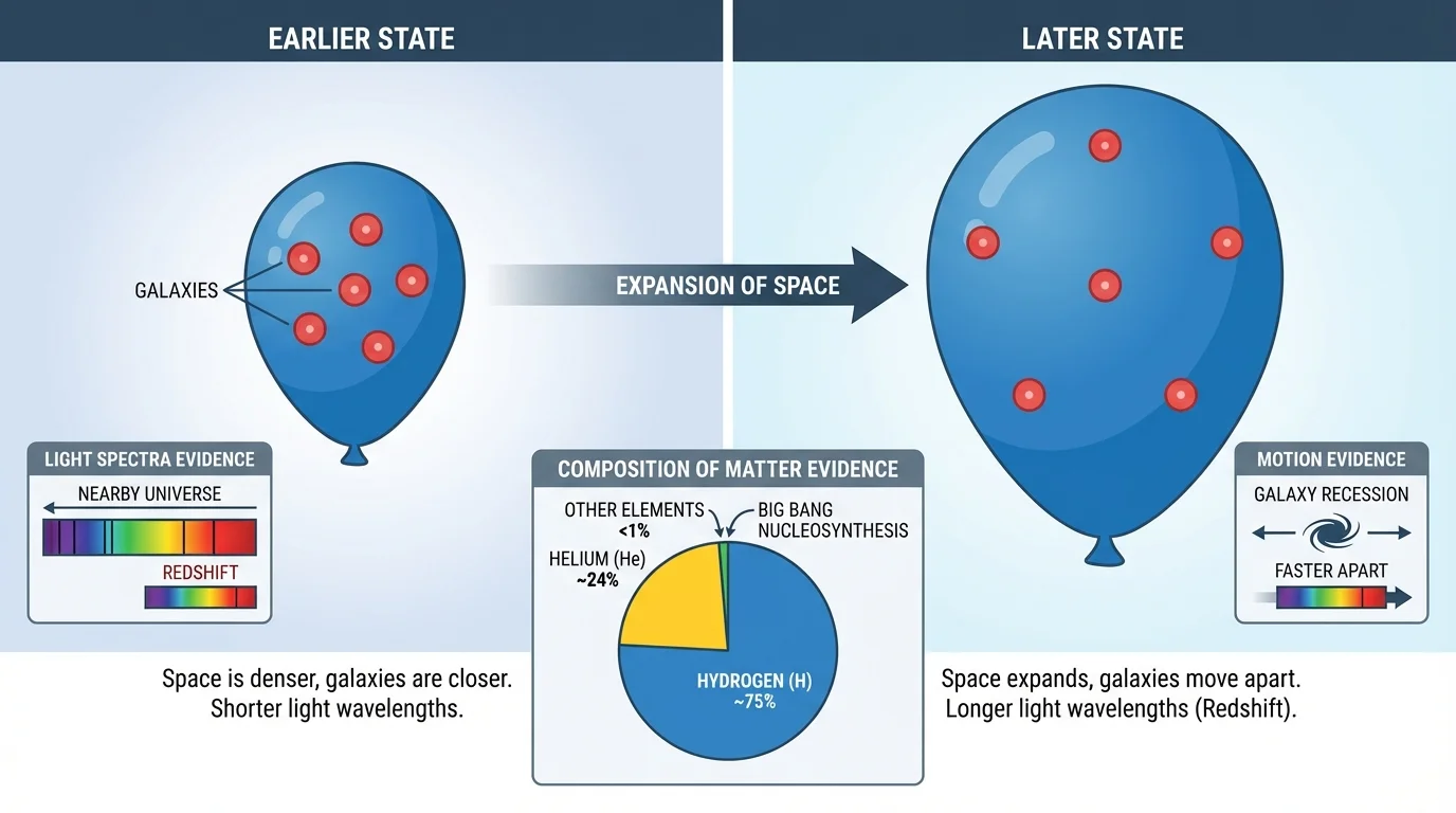 Illustration of balloon surface with dots farther apart over time, labeled earlier and later stages