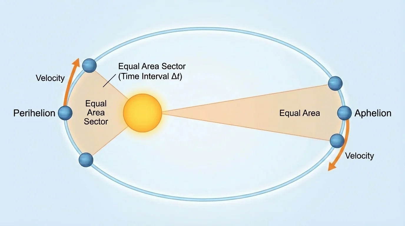 elliptical orbit around the Sun placed at one focus, labeled perihelion and aphelion, with equal-area wedge sectors and a longer velocity arrow near perihelion than at aphelion