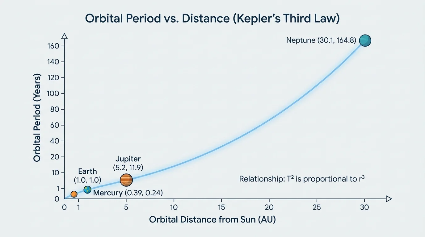 graph of orbital distance from the Sun on the x-axis and orbital period on the y-axis with points for Mercury, Earth, Jupiter, and Neptune showing an increasing curved trend