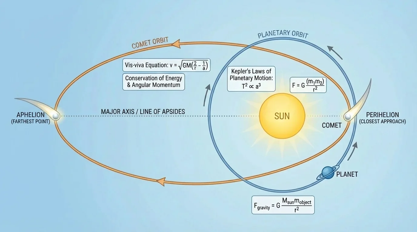 the Sun with one nearly circular planetary orbit and one highly elongated comet orbit, showing the comet close to the Sun at one point and far away at another