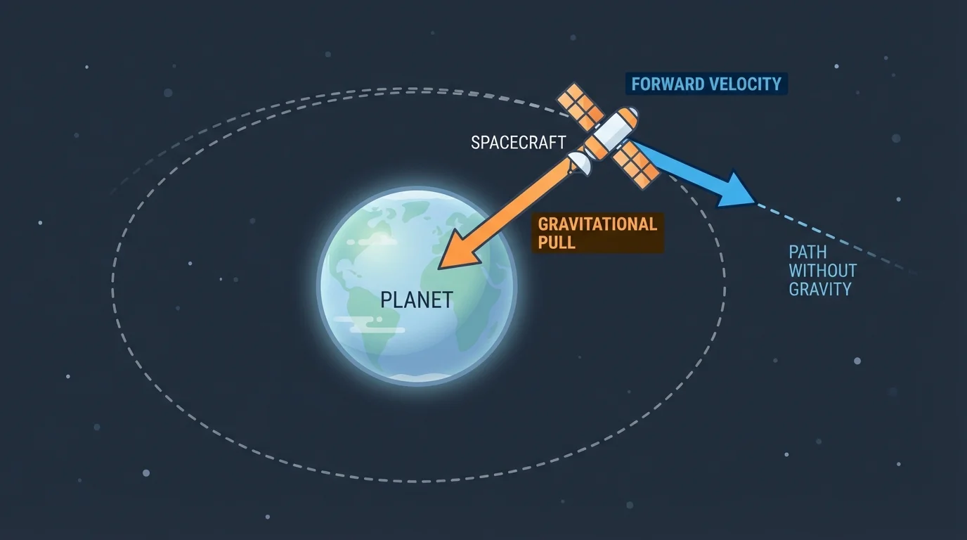 spacecraft orbiting a planet with one arrow tangent to the orbit for forward velocity and one arrow toward the planet for gravitational pull, plus a faded straight-line path showing what would happen without gravity