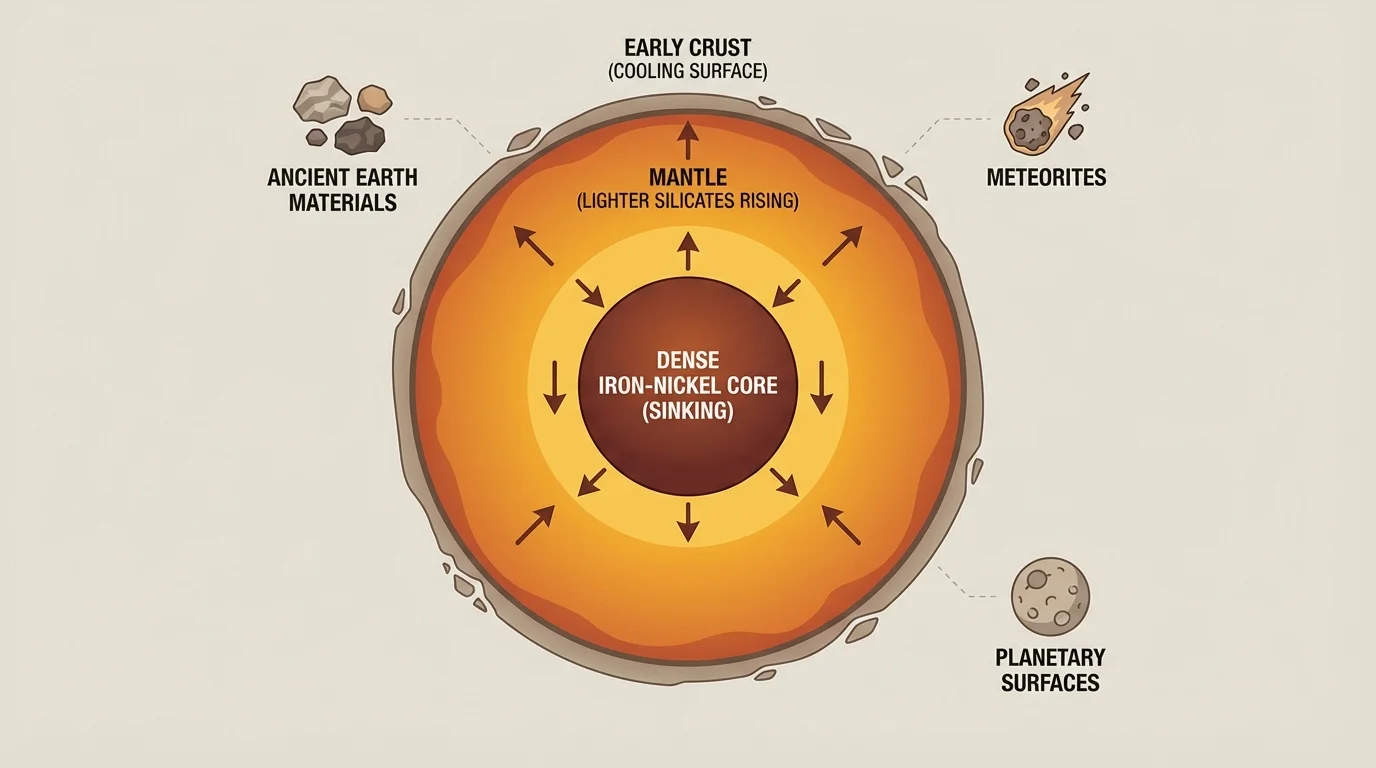 Cross-section of early Earth with molten layers, dense iron and nickel sinking to form core, lighter silicates rising to form mantle and early crust