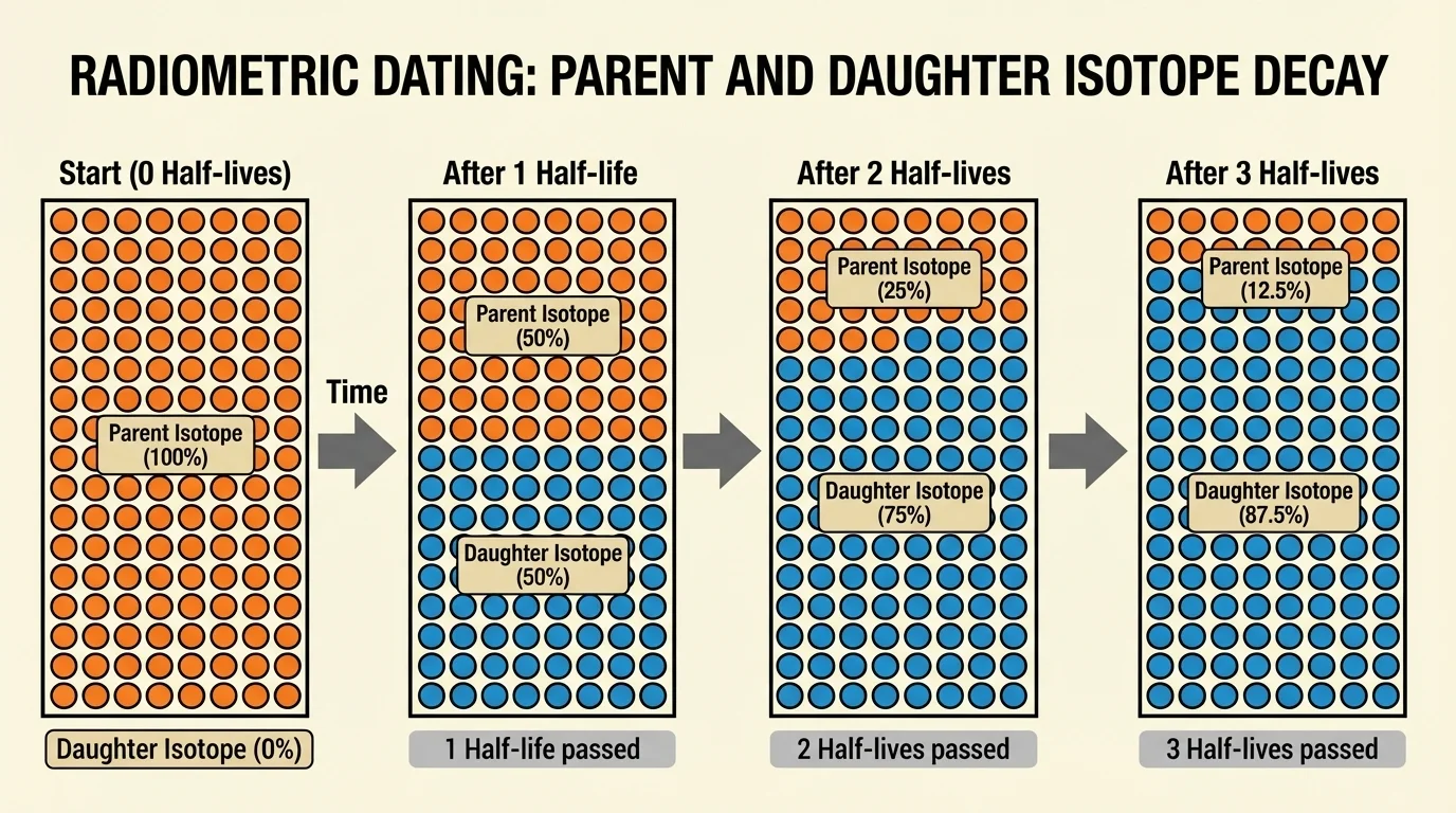 Parent isotope amount decreasing by halves over time while daughter isotope amount increases, with labeled one, two, and three half-lives