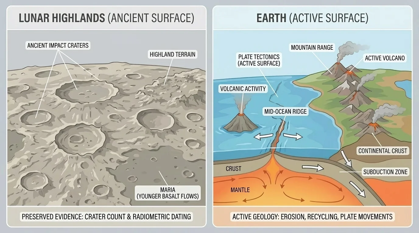 Side-by-side comparison of the cratered lunar highlands and Earth's active surface with oceans, mountains, volcanoes, and plate boundaries