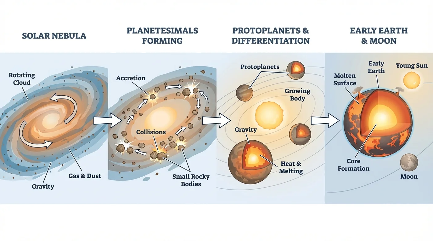 Solar nebula collapsing into a spinning disk, particles forming planetesimals, then protoplanets, then early Earth near the young Sun