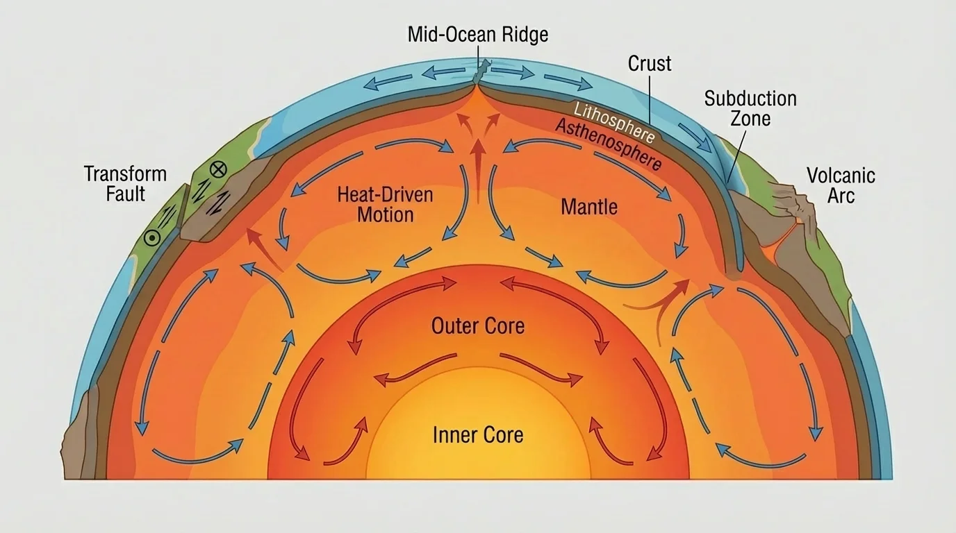 Cross-section of Earth showing crust, mantle, outer core, inner core, lithosphere broken into moving plates above softer asthenosphere, with arrows for heat-driven motion