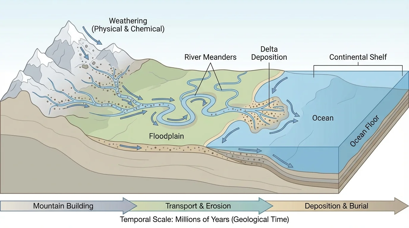 Landscape diagram showing weathering on a mountain slope, streams carrying sediment, river meanders, floodplain, and delta deposition at a coast