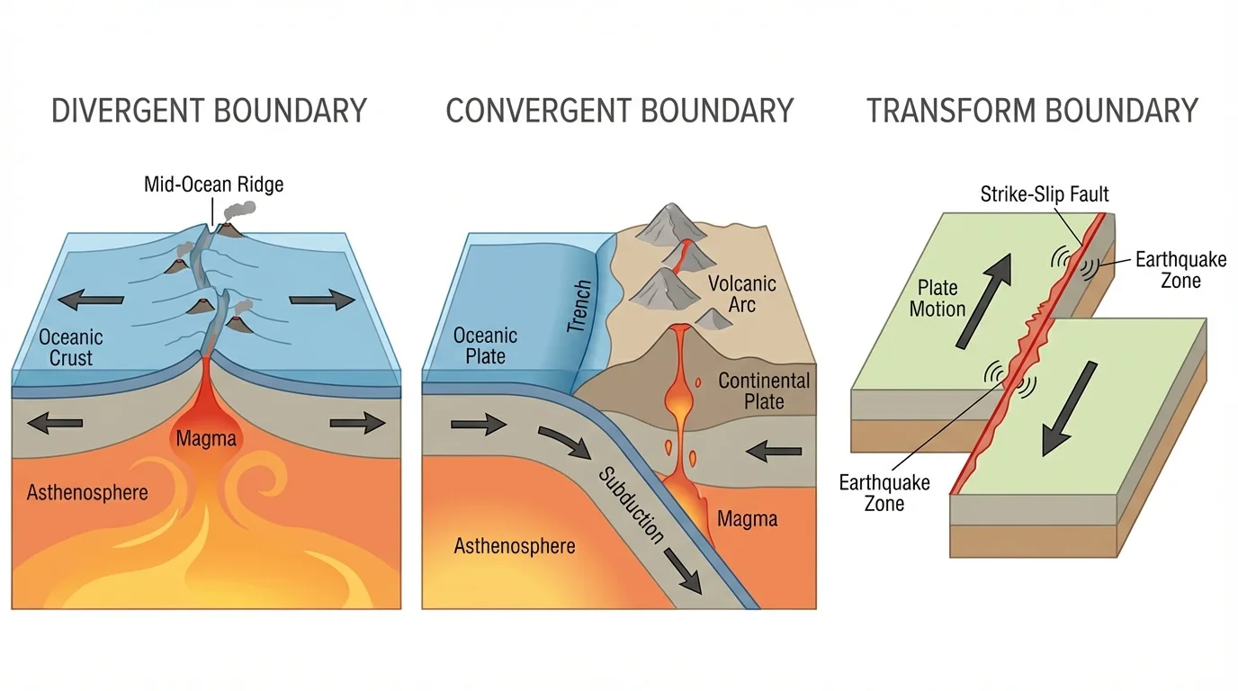 Three-panel tectonic boundary diagram showing mid-ocean ridge at divergent boundary, trench and volcanic arc at convergent boundary, and strike-slip fault at transform boundary