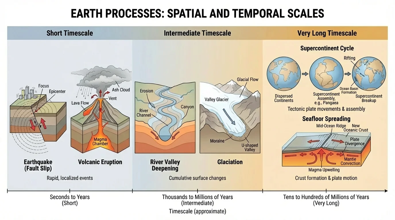 Timeline showing earthquake and eruption at short timescales, river valley deepening and glaciation at intermediate scales, and supercontinent cycle and seafloor spreading over very long timescales