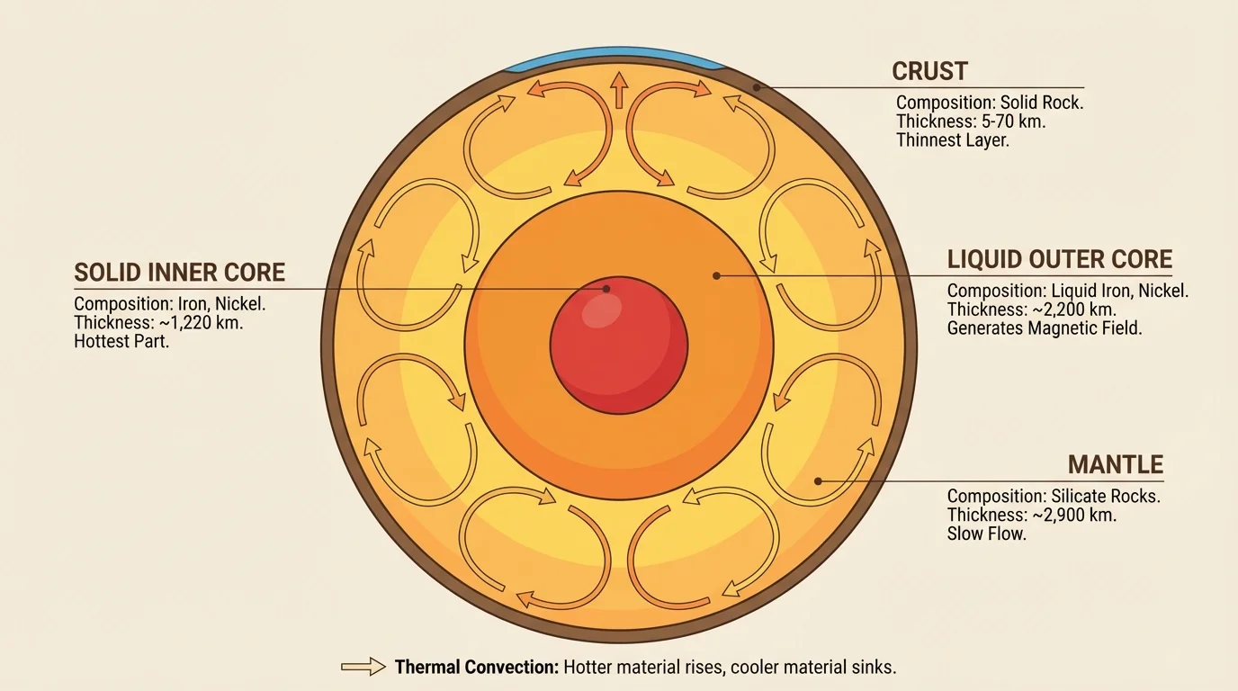 Labeled Earth cross-section showing crust, mantle, liquid outer core, solid inner core, with simple notes on composition and relative thickness