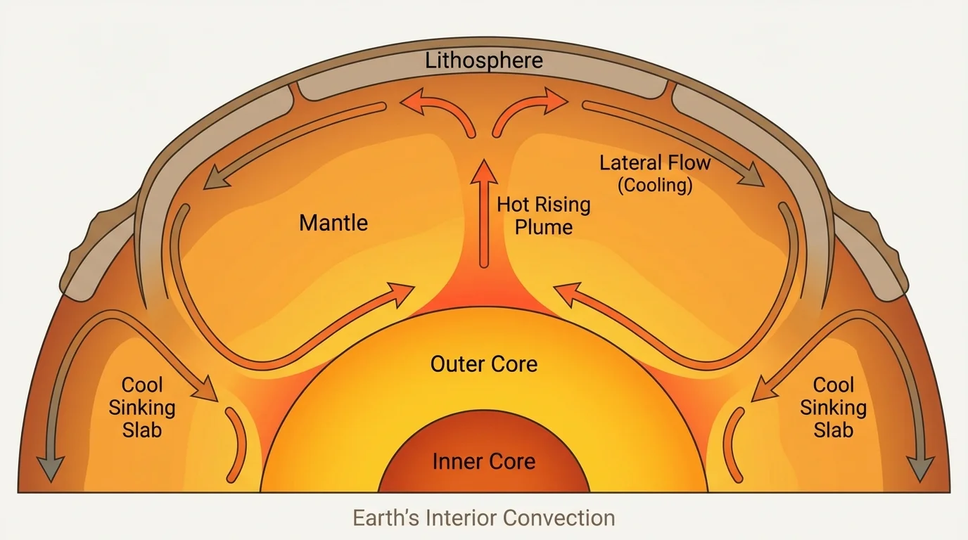 Mantle convection cell with arrows showing hot less-dense rock rising from deeper mantle, lateral flow beneath the lithosphere, cooling, and denser rock sinking