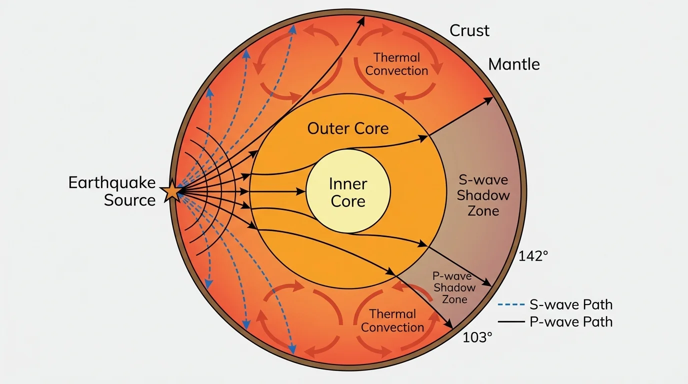 Cross-section of Earth showing an earthquake source, curved P-wave and S-wave paths, mantle, outer core, inner core, and seismic shadow zone regions