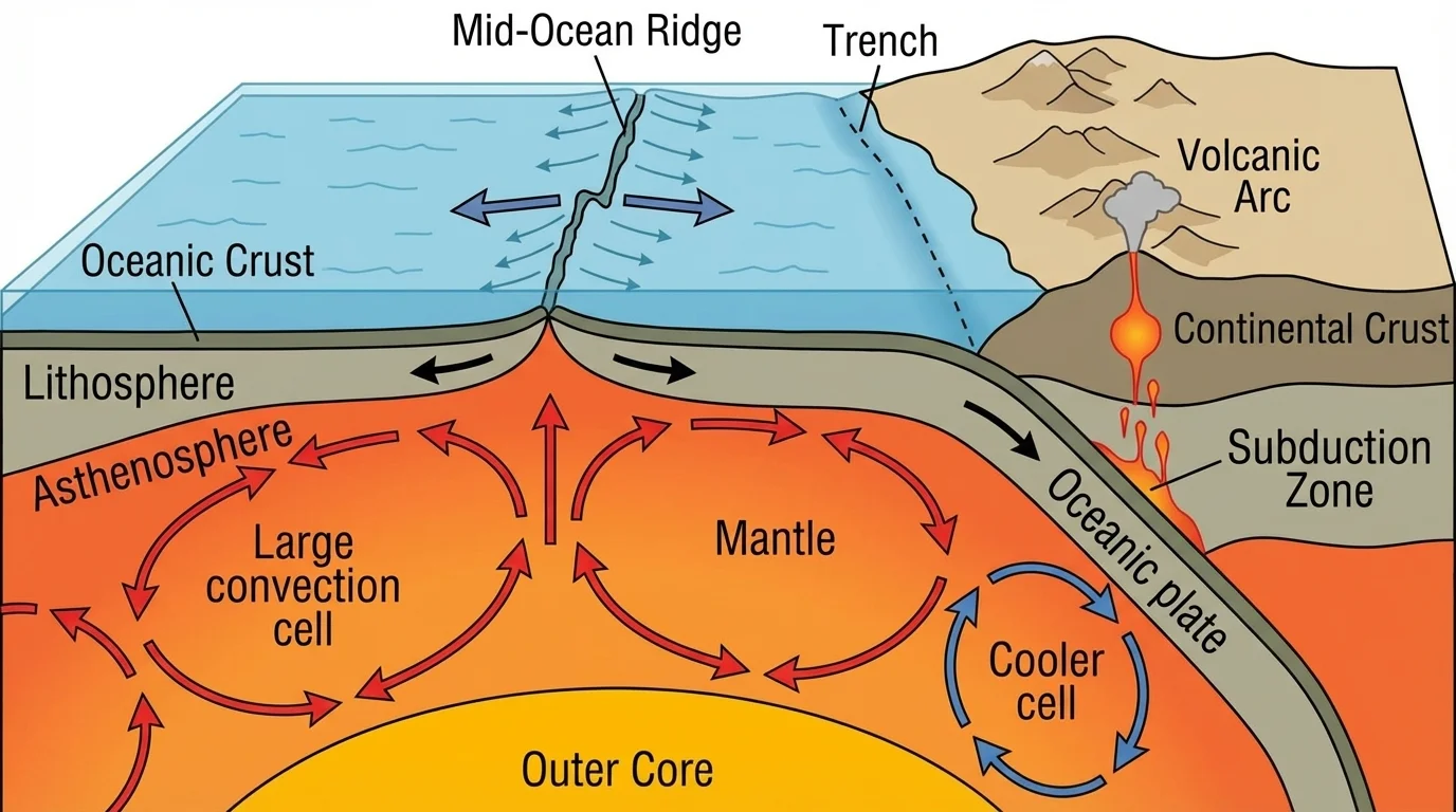 Cross-section showing mantle flow beneath a mid-ocean ridge and a subduction zone, with plates diverging at the ridge and one plate sinking at the trench