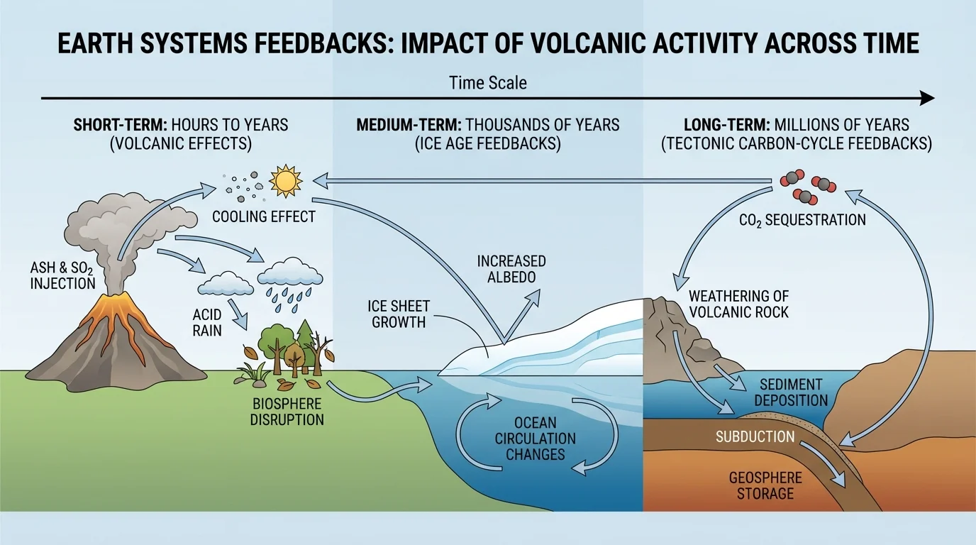 Timeline with three scales showing sudden volcanic effects over hours to years, ice age feedbacks over thousands of years, and tectonic carbon-cycle feedbacks over millions of years