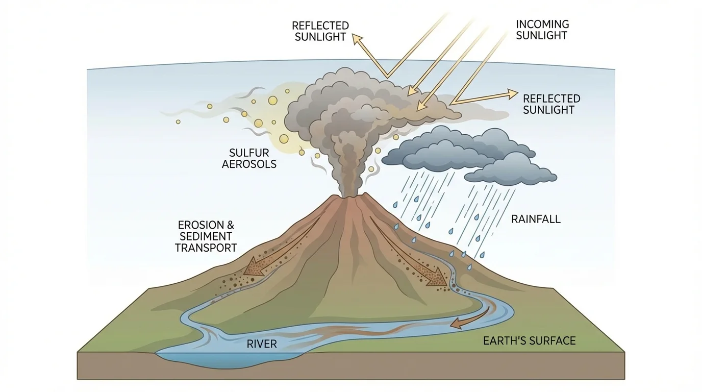 Volcanic eruption with ash plume and sulfur aerosols in the atmosphere, reflected sunlight arrows, rainfall over slopes, and sediment moving into a river