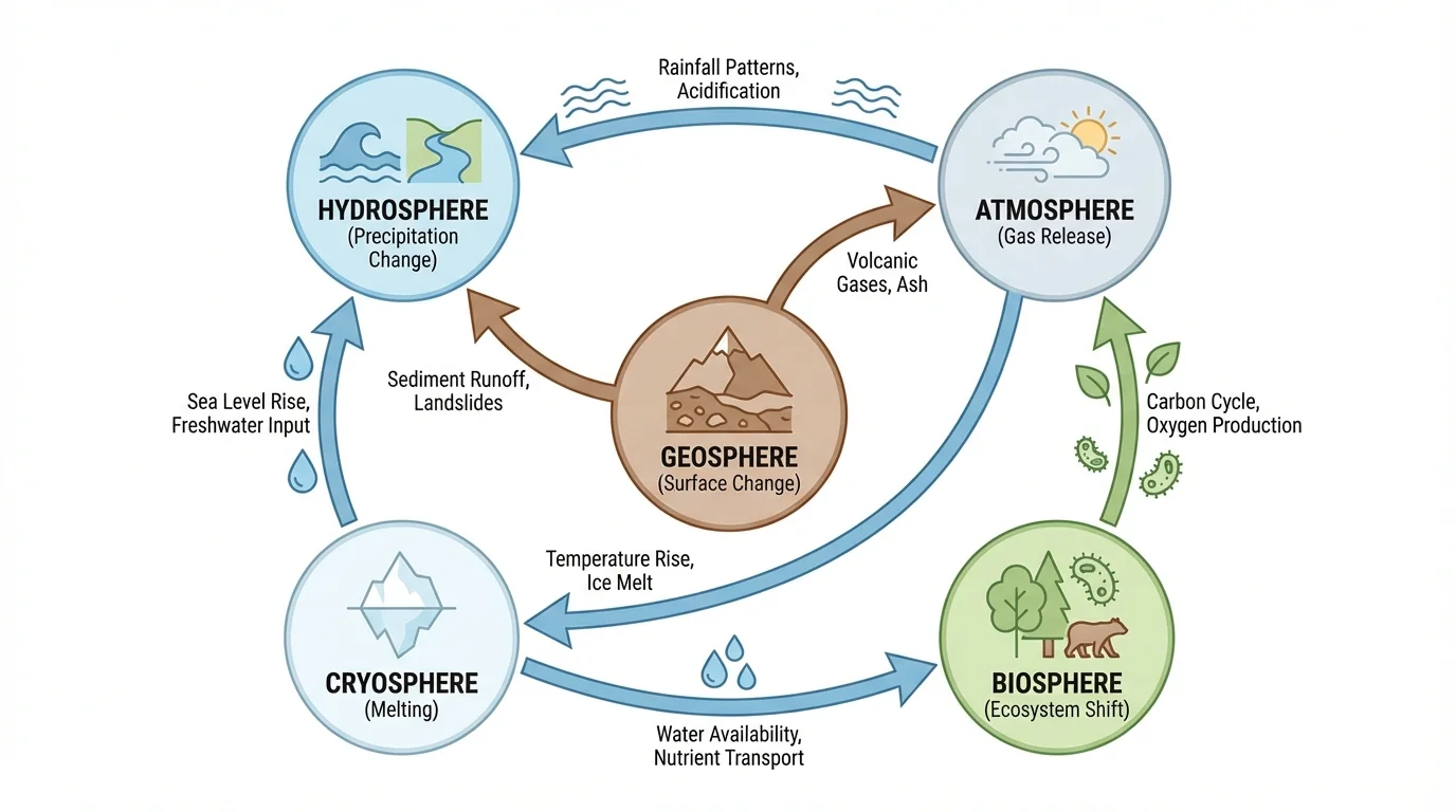 Earth system diagram with geosphere, hydrosphere, atmosphere, biosphere, and cryosphere linked by arrows, with short labels such as heat transfer, water movement, gas exchange, and surface change