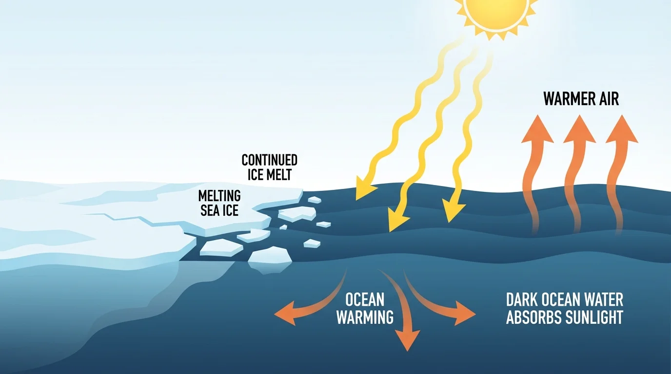 Arctic cross-section showing retreating sea ice, dark ocean water absorbing sunlight, upward heat arrows, and labels for warmer air, ocean warming, and continued ice melt