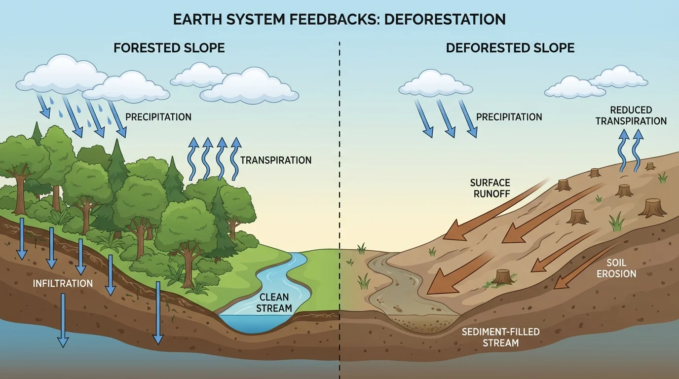 Split hillside scene showing a forested slope with infiltration and transpiration versus a deforested slope with heavy runoff, soil erosion, sediment-filled stream, and fewer clouds
