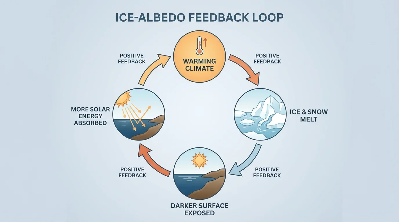 Ice albedo feedback loop showing warming causing ice melt, darker land or ocean exposed, more solar absorption, and further warming
