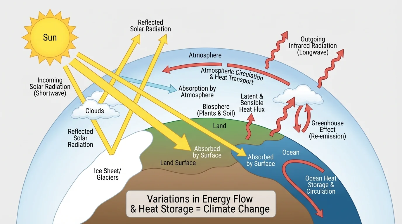 Systems diagram of the Sun, atmosphere, ocean, land, ice, and biosphere with arrows showing energy transfer, absorption, reflection, heat storage, and infrared emission