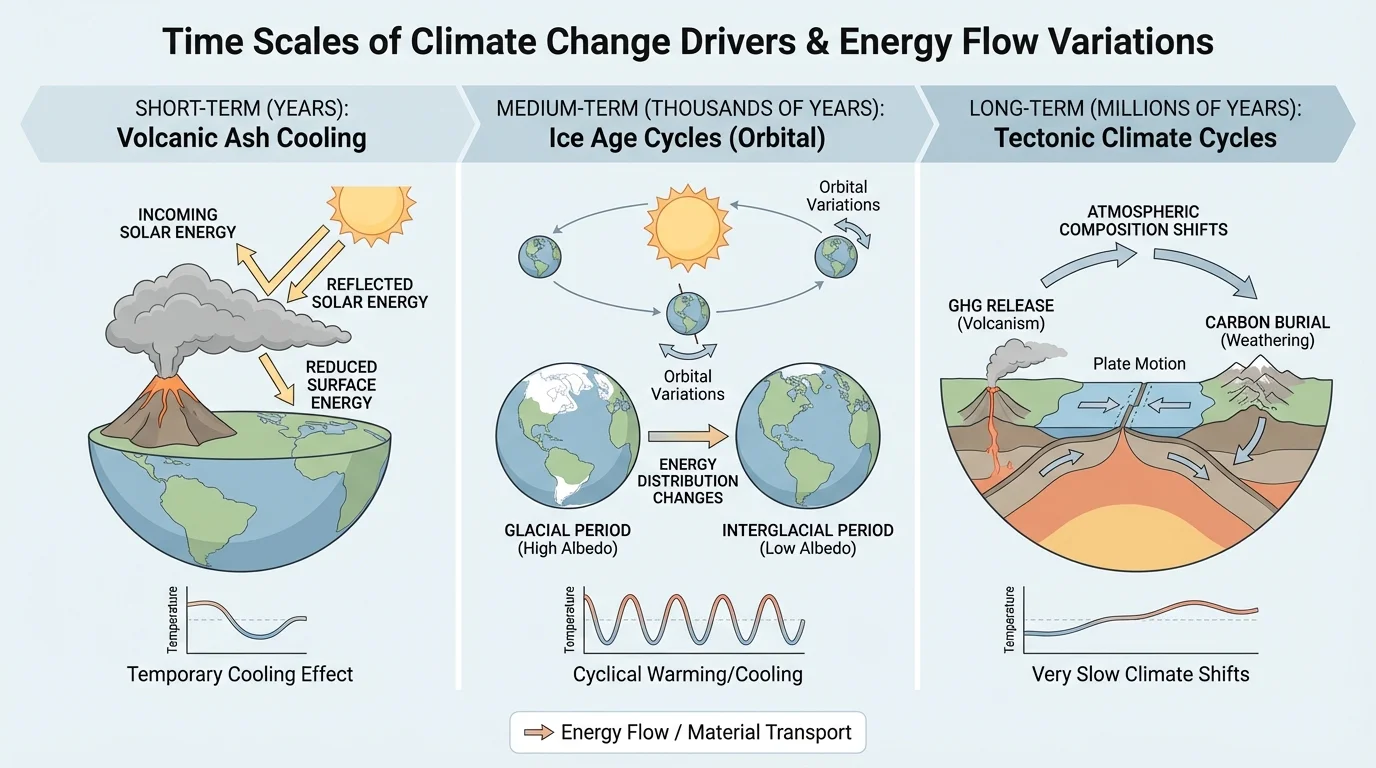 Timeline comparing short-term volcanic ash cooling over years, ice age cycles over thousands of years, and tectonic climate cycles over millions of years