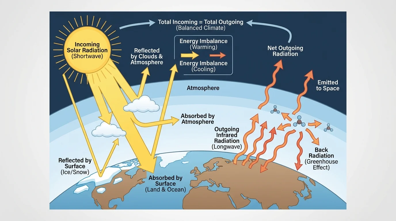 Earth energy budget with arrows showing incoming solar radiation, reflected sunlight from clouds and ice, absorbed energy by land, ocean, and atmosphere, and outgoing infrared radiation to space