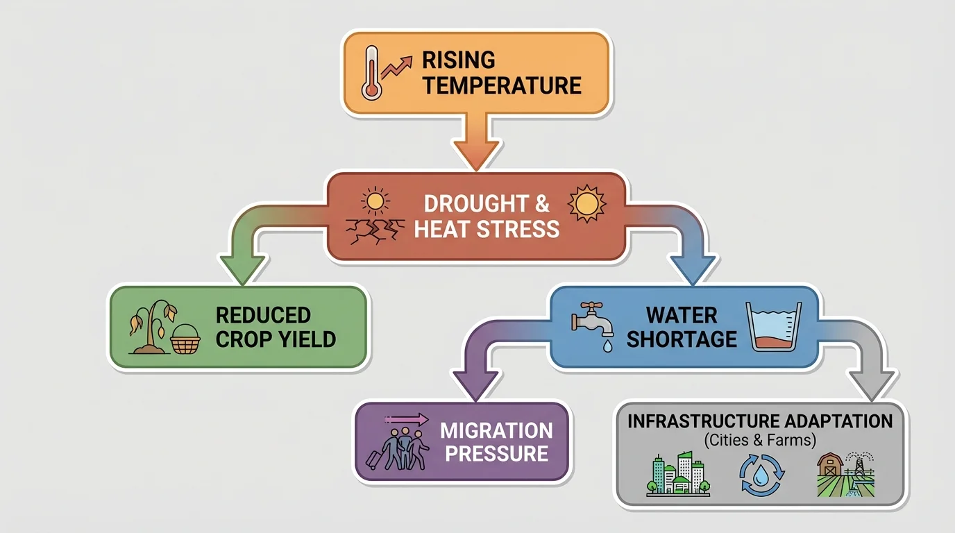Flowchart showing rising temperature leading to drought and heat stress, reduced crop yield, water shortage, migration pressure, and infrastructure adaptation in cities and farms