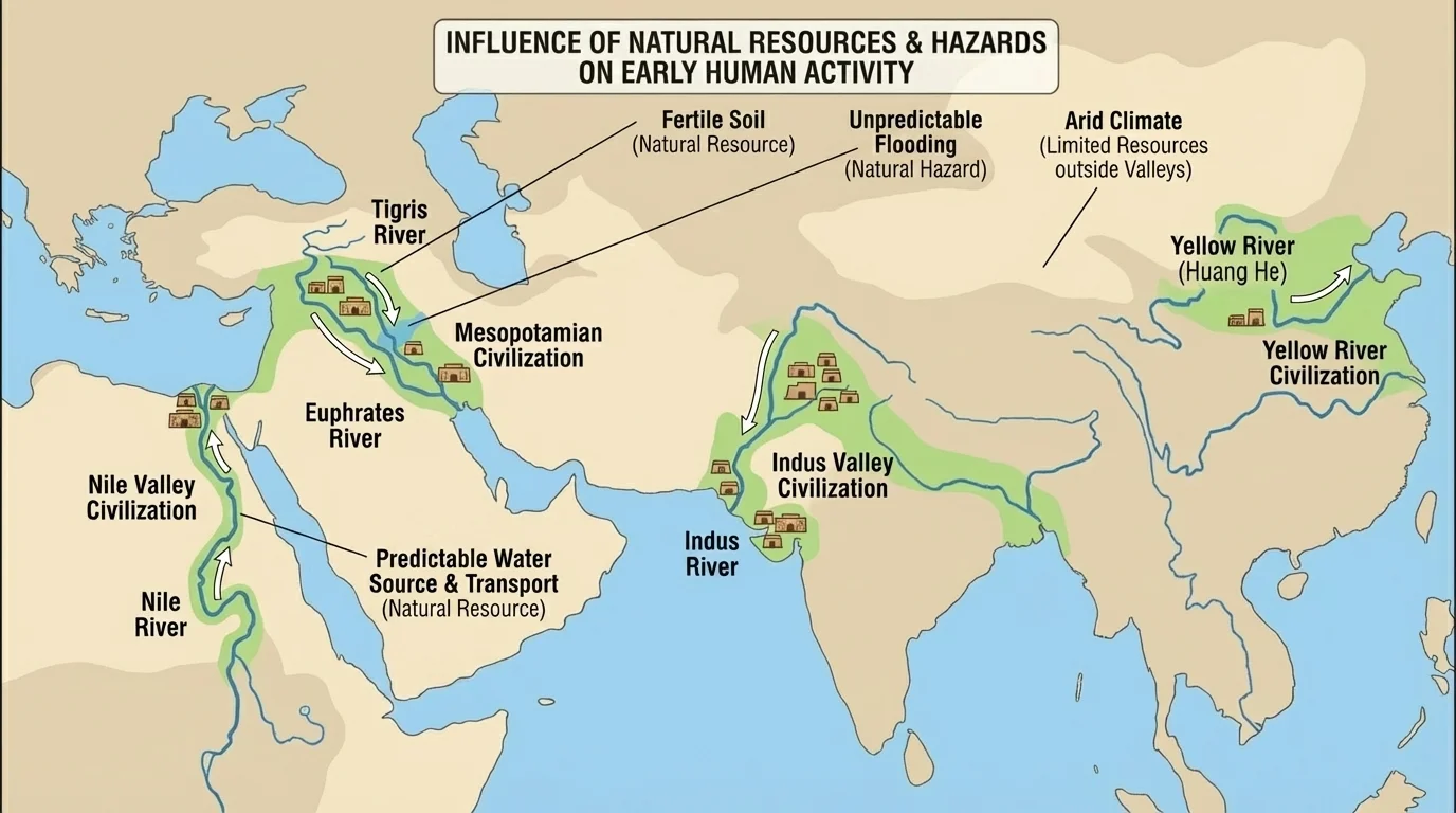 Map of early river valley civilization regions showing major rivers, fertile floodplains, and clusters of settlements near the Nile, Tigris-Euphrates, Indus, and Yellow River