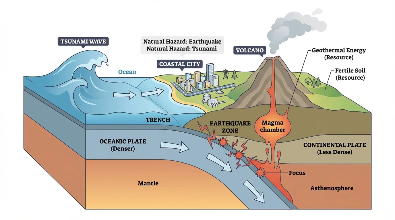 Cross-section of a tectonic plate boundary showing subduction, a volcano, earthquake zone, ocean coast, tsunami wave, and a nearby city exposed to multiple hazards