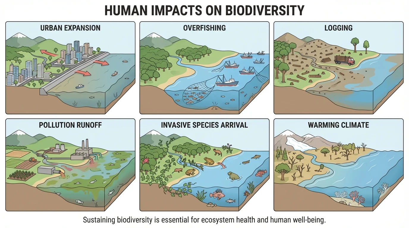Comparison illustration of the same landscape under six pressures: urban expansion, overfishing, logging, pollution runoff, invasive species arrival, and warming climate
