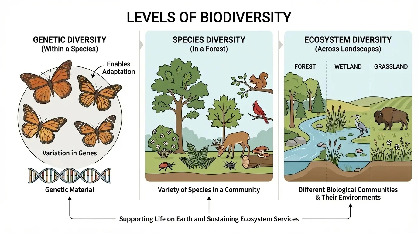 Three-part diagram showing genetic diversity within one species, species diversity in a forest, and ecosystem diversity across forest, wetland, and grassland