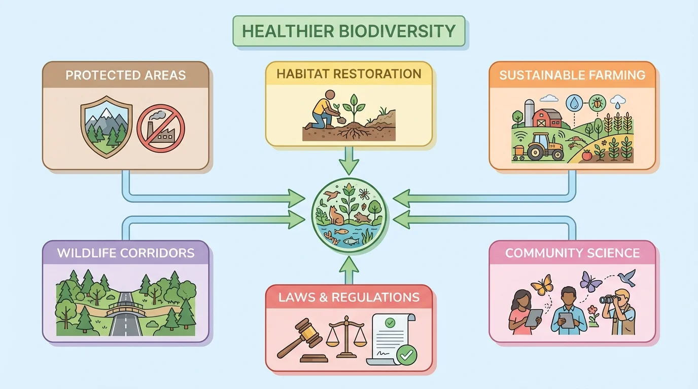 Flowchart linking protected areas, habitat restoration, sustainable farming, wildlife corridors, laws, and community science to healthier biodiversity