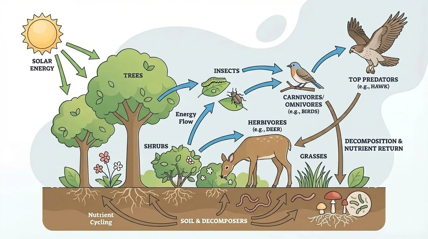 Forest food web with plants, insects, birds, fungi, deer, and decomposers linked by arrows showing energy flow and nutrient cycling