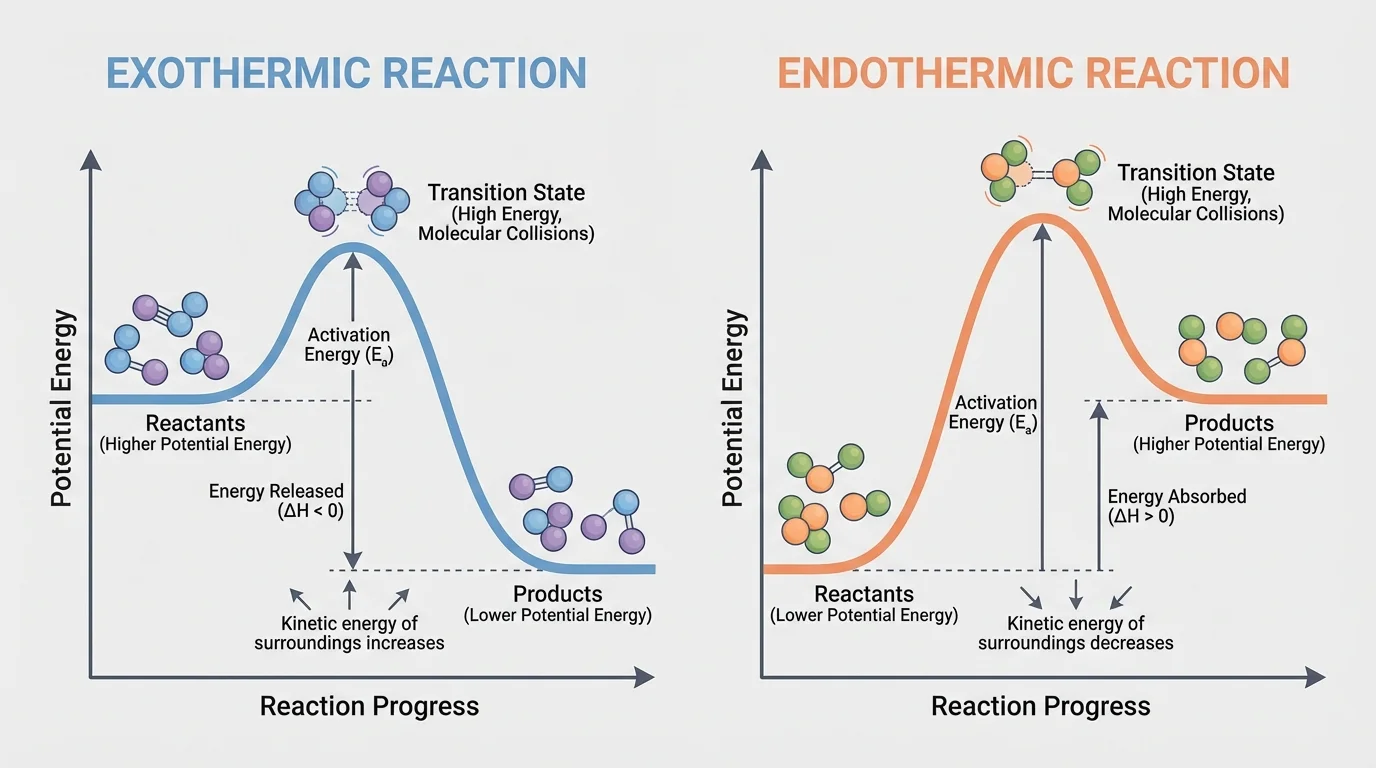 Reaction energy diagram with reactants, activation energy hump, and products lower or higher than reactants for exothermic and endothermic comparison