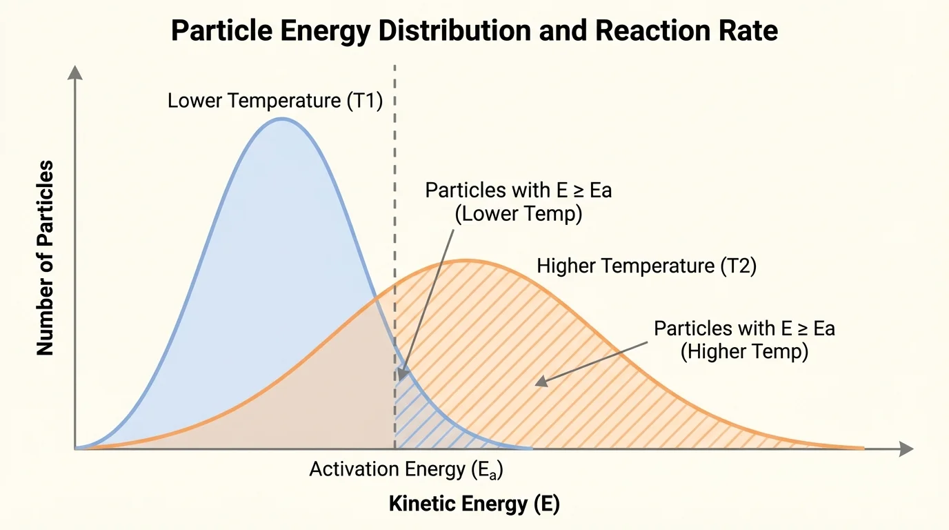 Simple particle-energy distribution comparison at lower and higher temperature with activation energy threshold marked