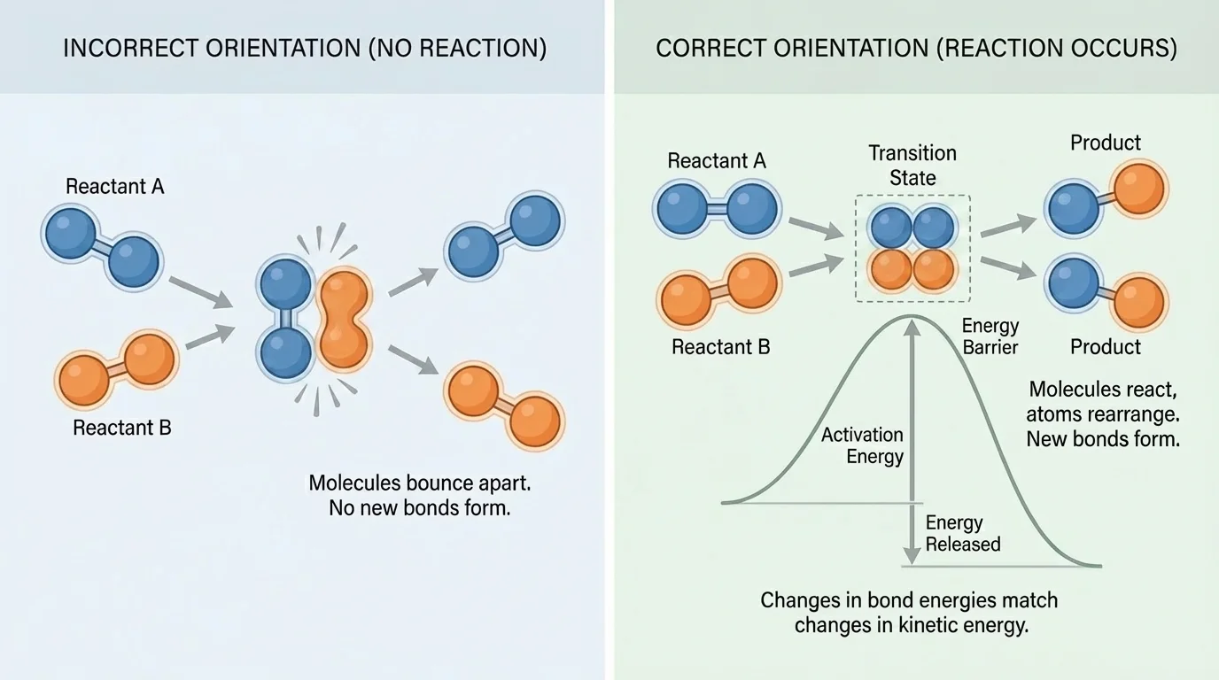 Two sets of colliding molecules, one with wrong orientation bouncing apart and one with correct orientation reacting after crossing an energy barrier