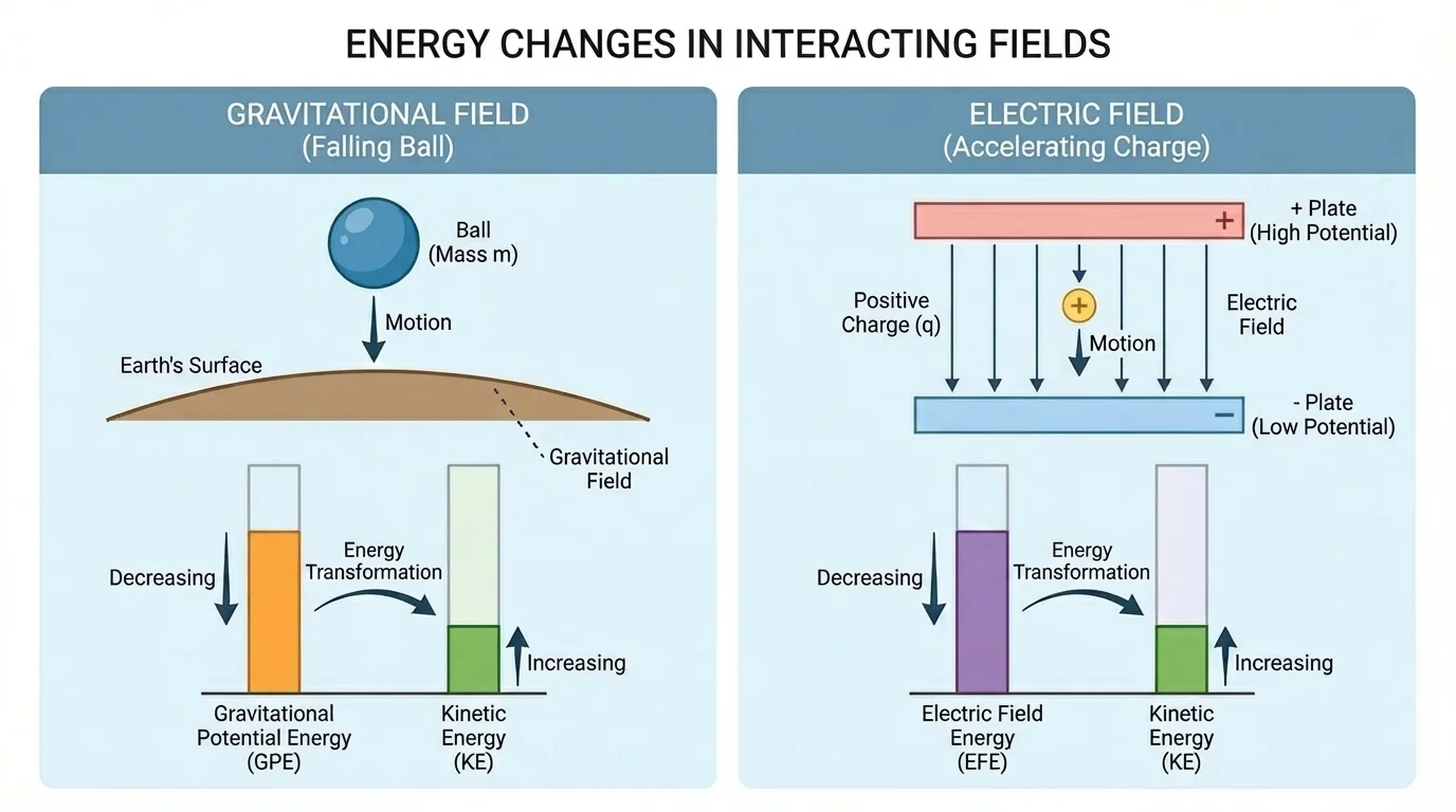 split-panel energy transformation, one panel a falling ball with decreasing gravitational potential and increasing kinetic energy, second panel a charge accelerating between plates with decreasing electric field energy and increasing kinetic energy