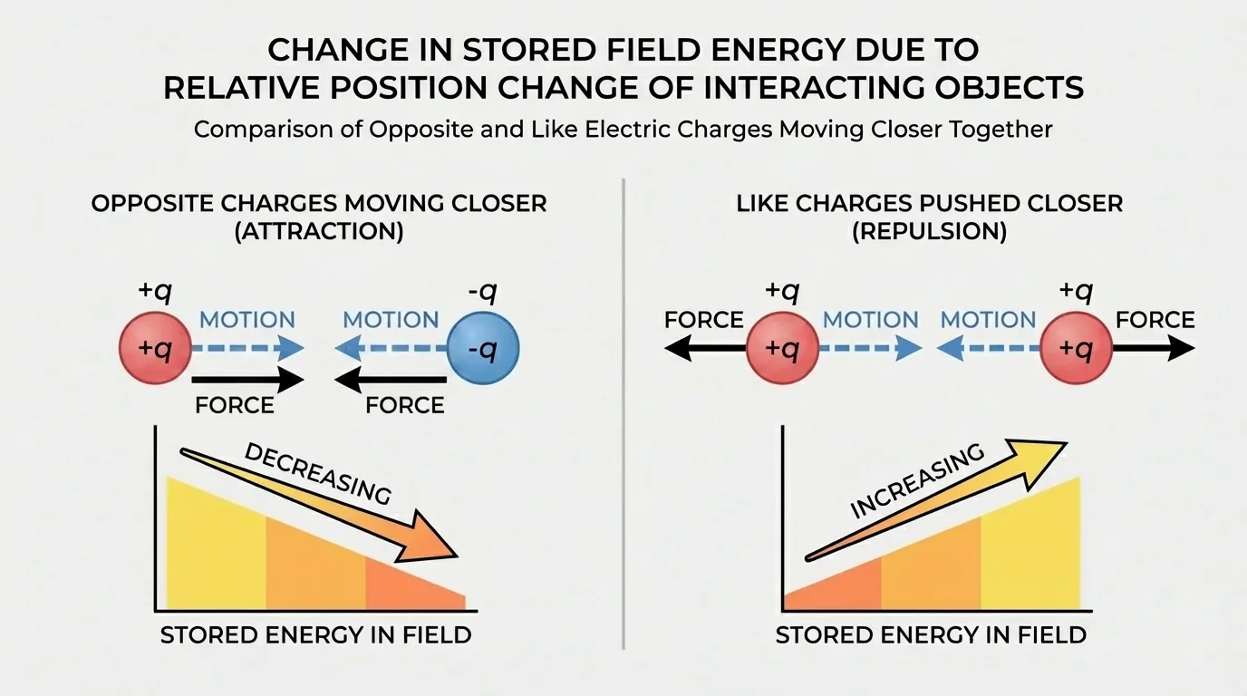 side-by-side comparison of opposite charges moving closer together with decreasing stored energy and like charges pushed closer together with increasing stored energy, including arrows for force and motion