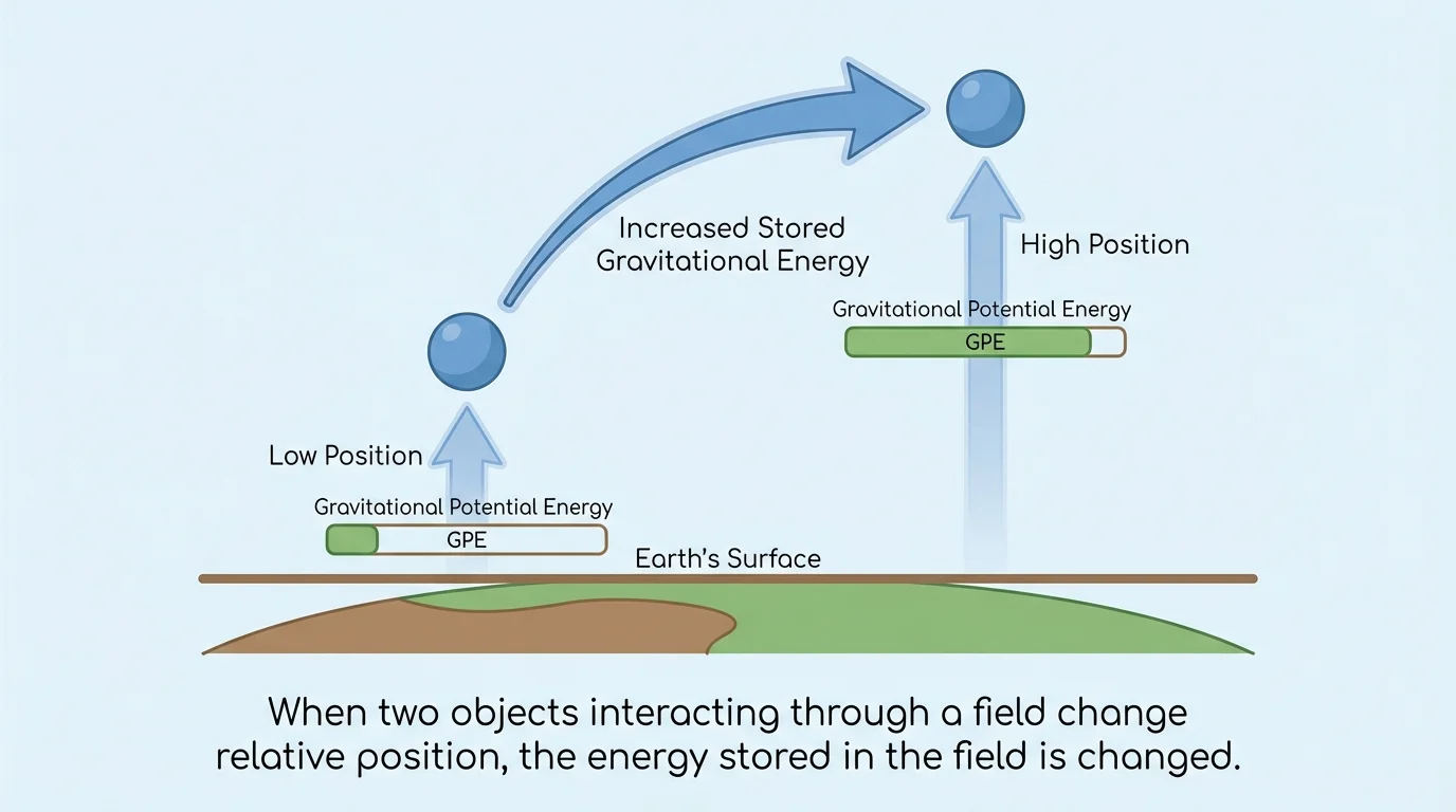 ball or book at two different heights above Earth or a shelf, with arrows upward and labels low position and high position, showing increased stored gravitational energy at higher position