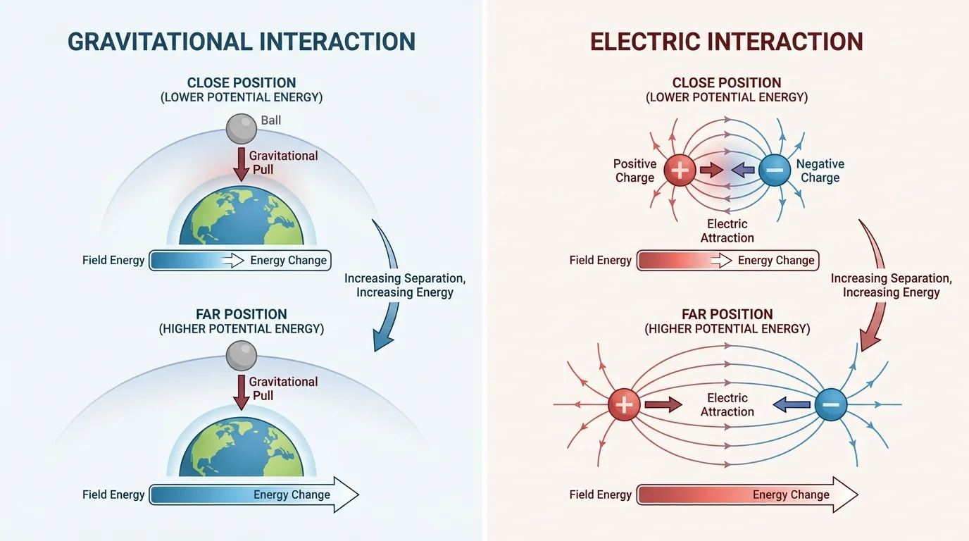 two side-by-side field interactions, one Earth with a ball above it showing gravitational pull, and one positive and negative charges showing electric attraction with simple field lines and force arrows