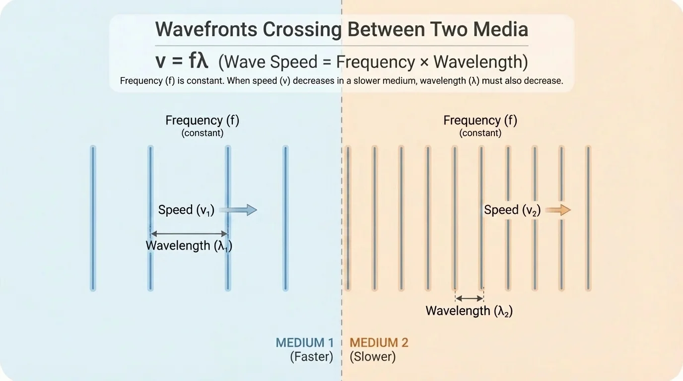 Wavefronts crossing from one medium to another with closer spacing in the slower medium and labels for speed, frequency, and wavelength