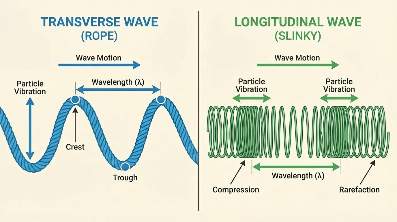 Side-by-side comparison of a rope transverse wave and a slinky longitudinal wave with compressions and rarefactions labeled