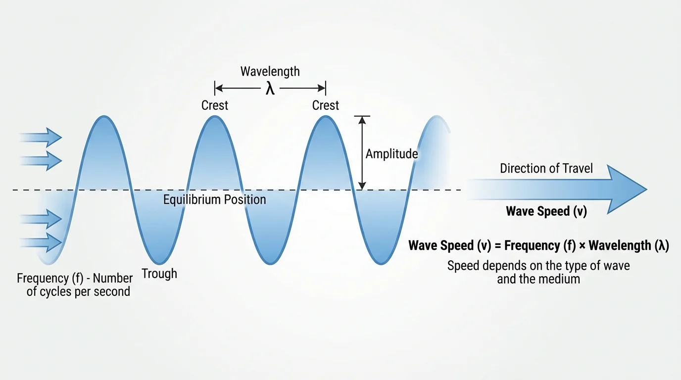 Labeled transverse wave showing crest, trough, amplitude, and wavelength between matching points