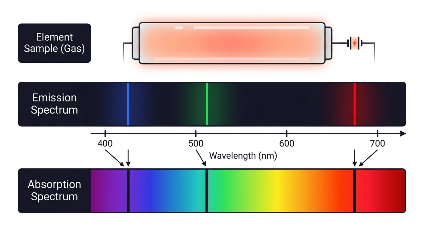 simplified spectrum with bright emission lines and dark absorption lines matched to an element sample, shown as a distinctive pattern across wavelength