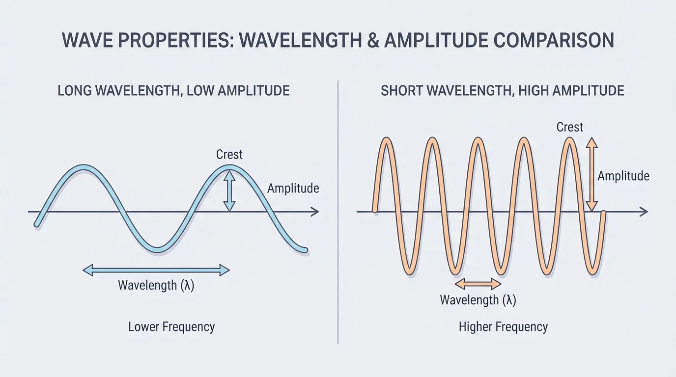 side-by-side wave sketches showing long vs short wavelength and low vs high amplitude with labels for crest, wavelength, frequency, and amplitude